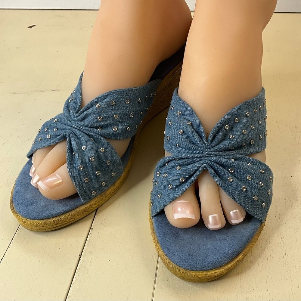 Annie Sandals Blue Fabric Upper Wedge Heel Slip-on